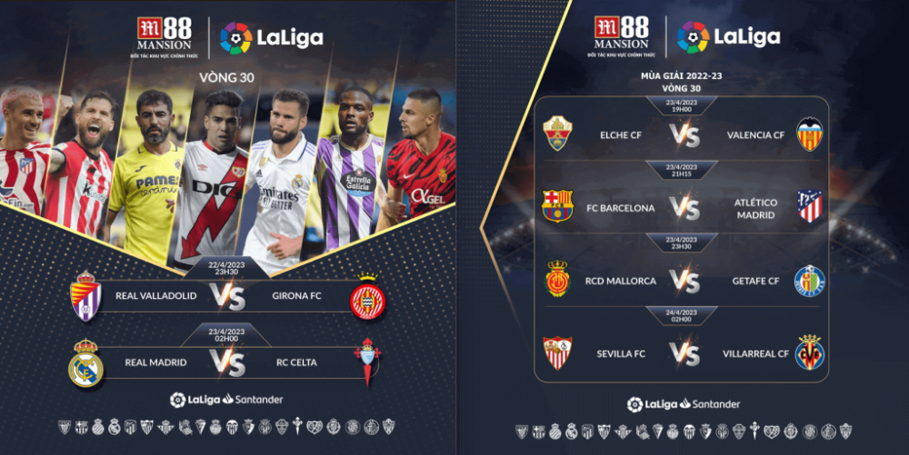 Lịch thi đấu và bảng xếp hạng Vòng 30 La Liga