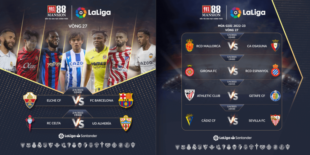 Lịch thi đấu Vòng 27 La Liga 2022-23